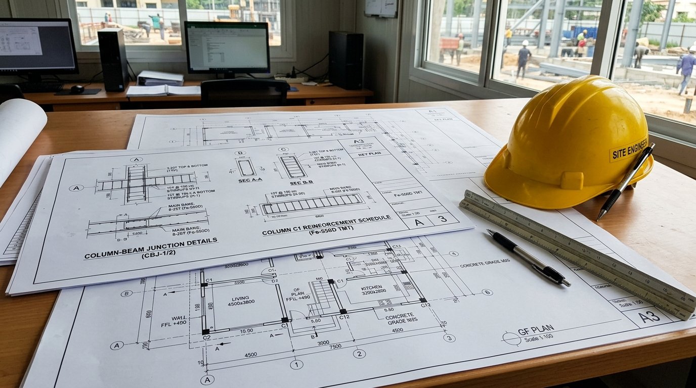 Certified structural drawings with Fe-550D reinforcement schedule and floor plan in Bangalore