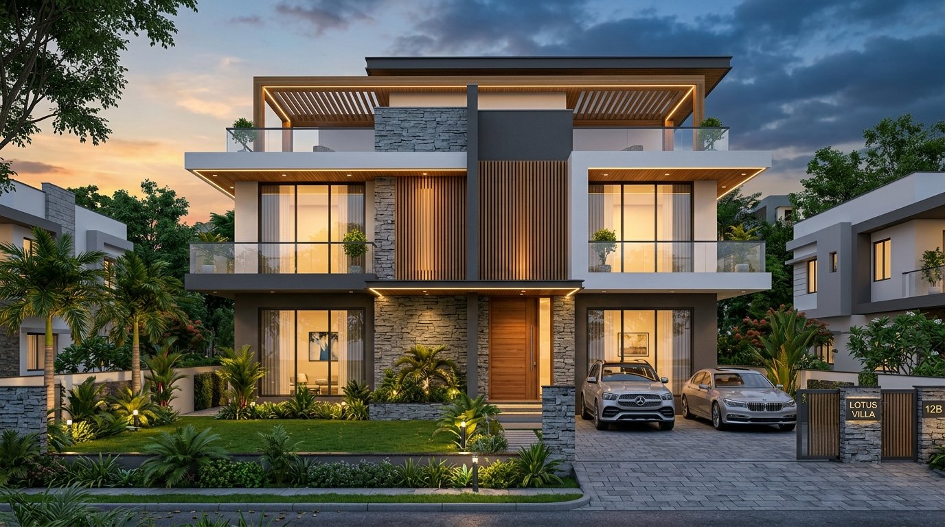 Photorealistic 3D architectural front elevation render of Bangalore duplex villa