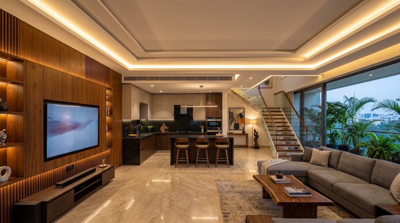 Interior architectural design of a luxury Bangalore duplex home with seamless false ceiling cove lighting and joinery